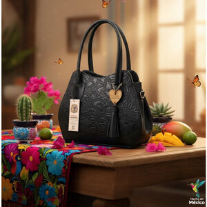 Black Embossed Tooled Artisan LEATHER Shoulder Bag Purse Bolsa Artesanal Piel